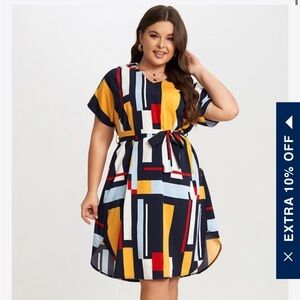 Meet.Curve Print Color Block Dolman Sleeve Belted Plus Size Midi Dress